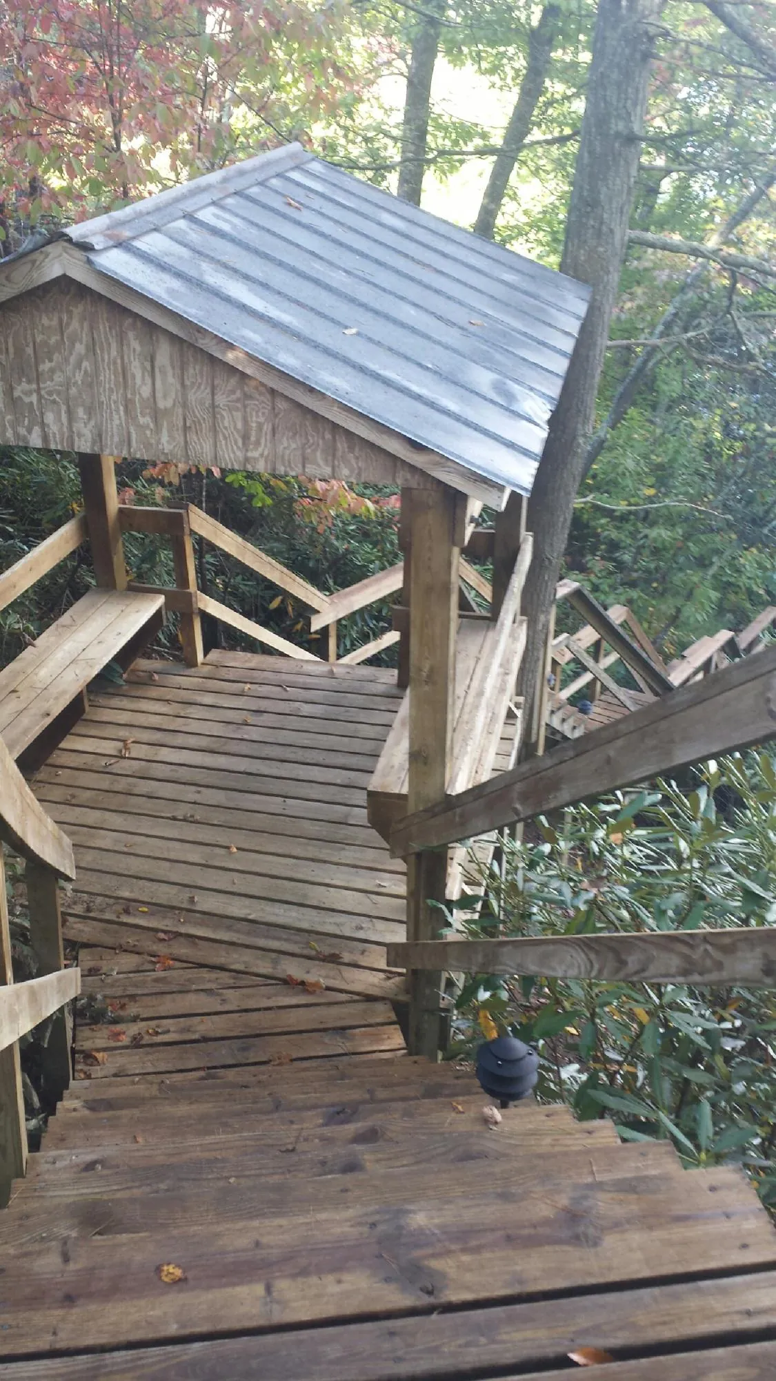 Metal roofed shelter over wooden steps on a wooded walkway — Skylight Repair & Installation work by our crew in Constantia